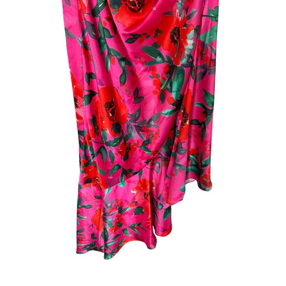 NWT Eliza J Petite Floral Satin Asymmetric-Hem Midi Dress Pink Multicolor Size 6 - Picture 6 of 9